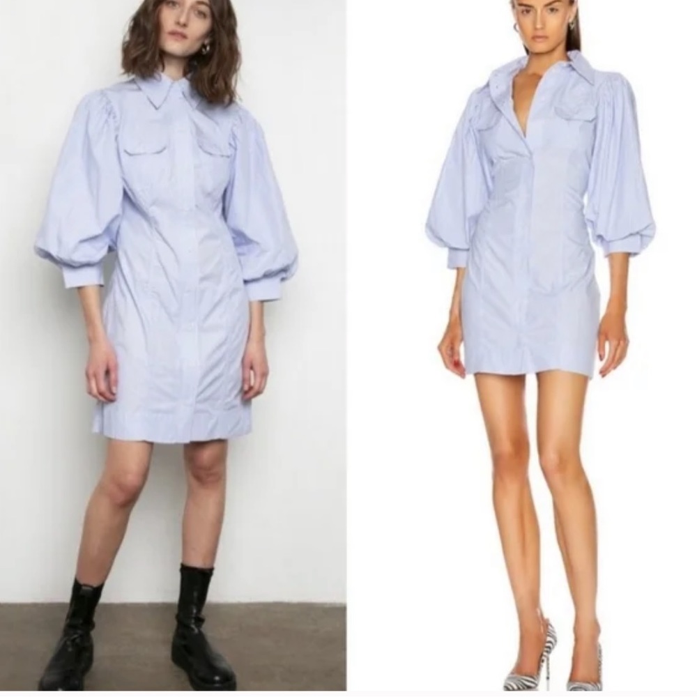 Ganni Blue Cotton Striped Button Front Balloon Sleeve Shirt Dress Mini - Picture 3 of 8